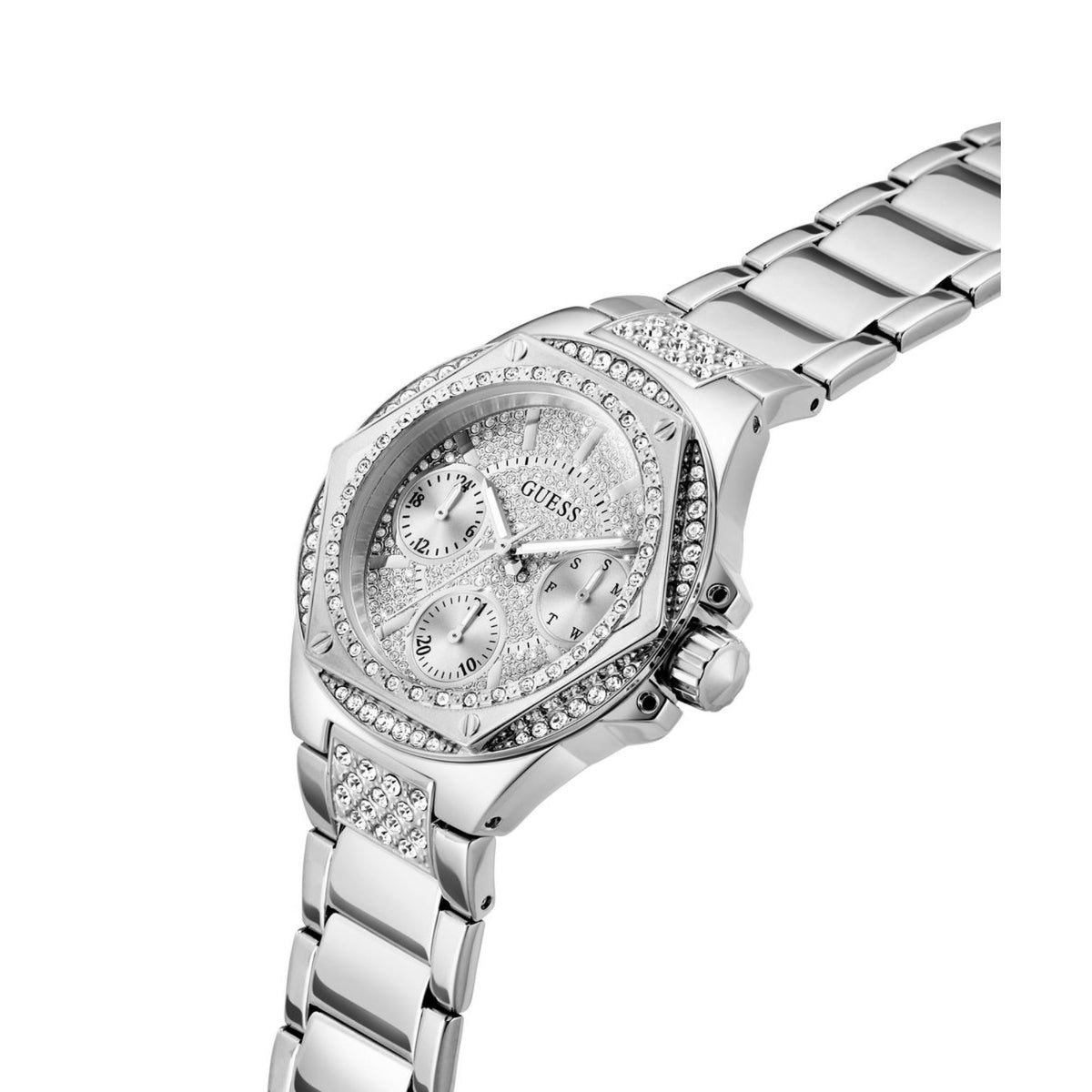 Silver stainless steel women's watch 3/4 view with rhinestone stones around bezel.