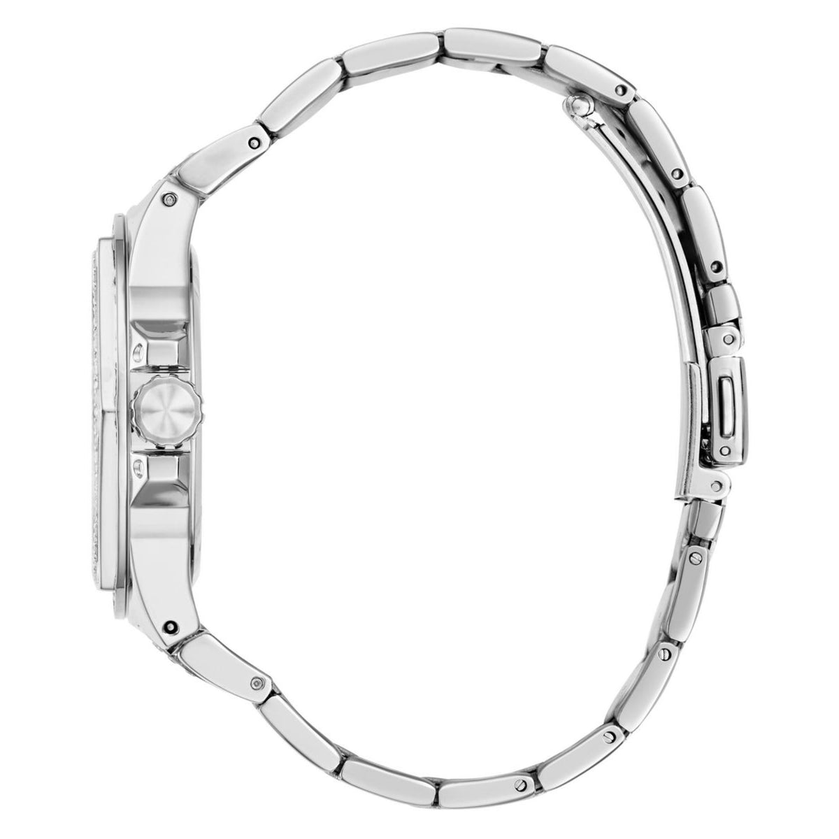 Silver stainless steel watch bracelet and case side profile with crown and links.