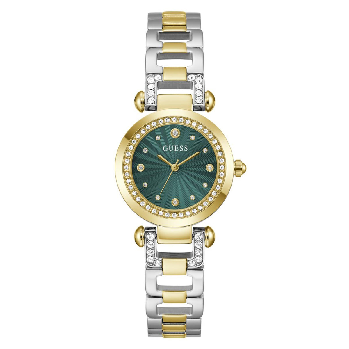 Women's stainless steel watch front: teal-green dial with gold accents and two-tone link strap
