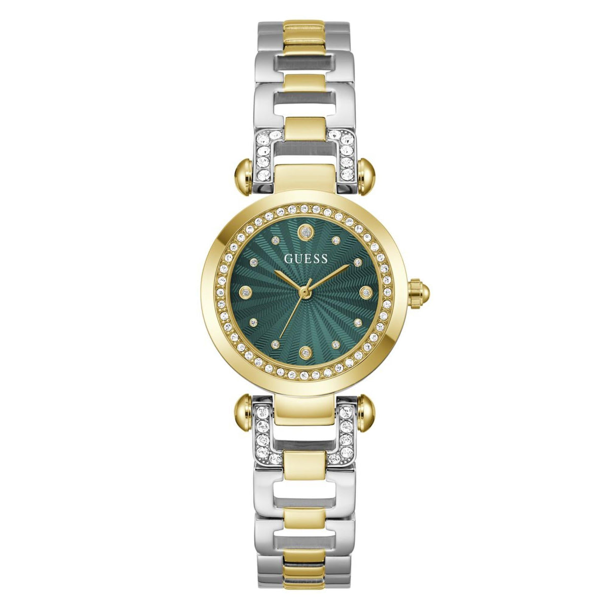 Women's watch straight-on view with teal-green sunburst dial, gold bezel, and two-tone links