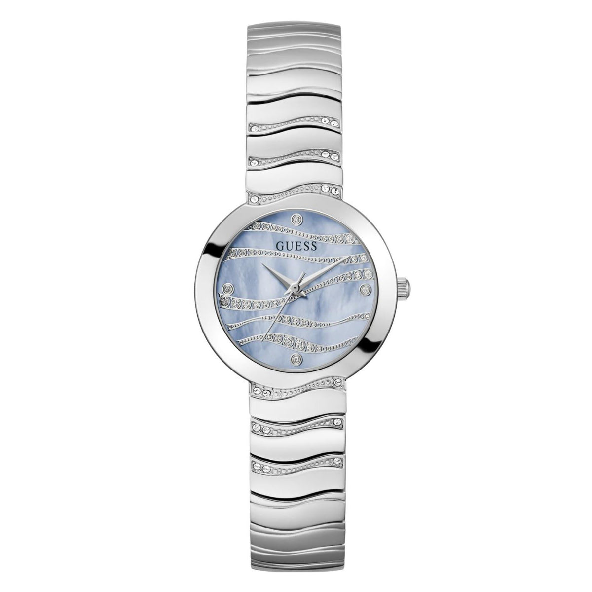 Round Guess Laguna watch with blue dial, gold-toned hands, and link bracelet.
