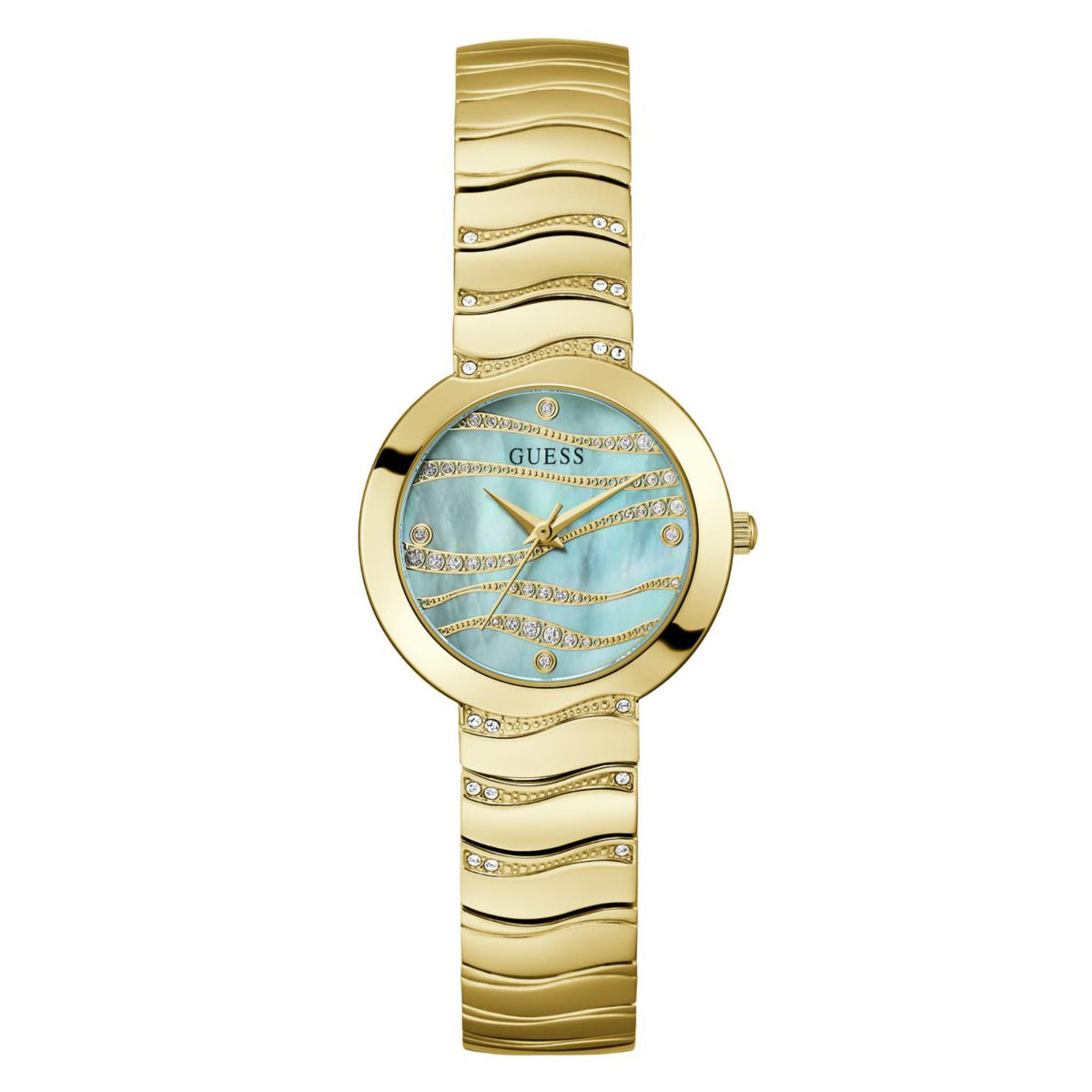 Guess women's gold-tone bracelet watch with blue dial and sparkling stone accents