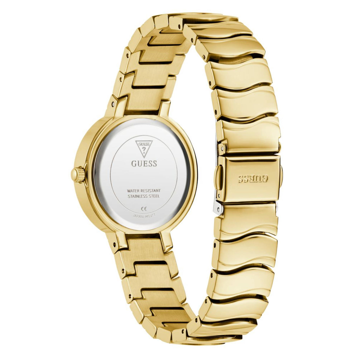 Gold-tone bracelet watch case back with stamped text, stainless steel, and Guess logo