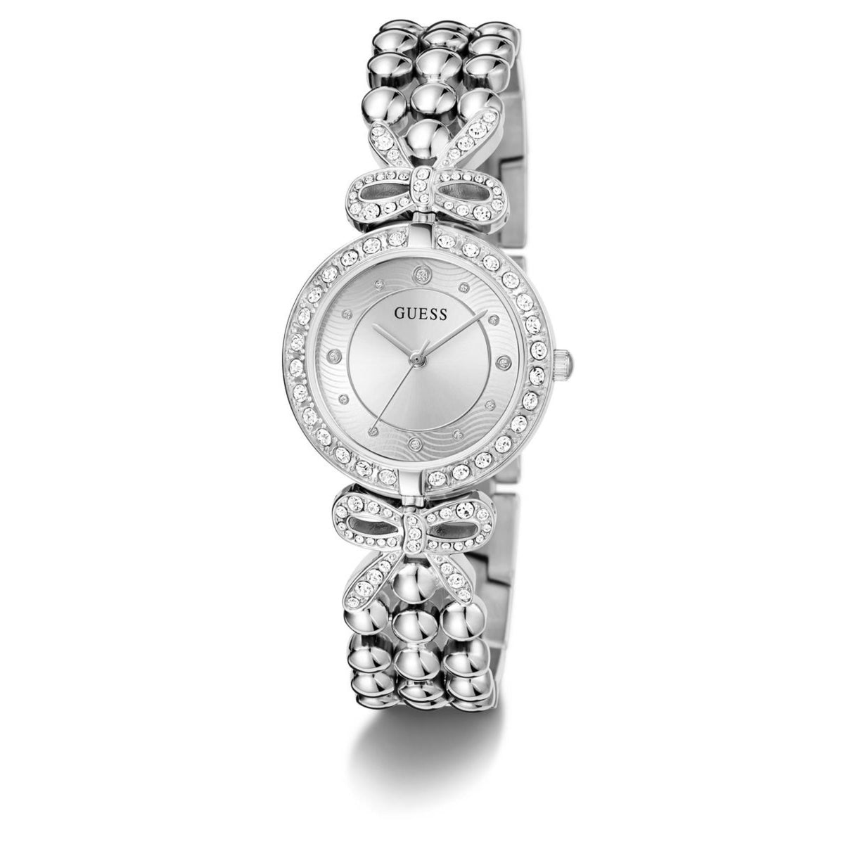Silver Guess women's wristwatch with sparkling bezel and ribbon-like bracelet centerpiece