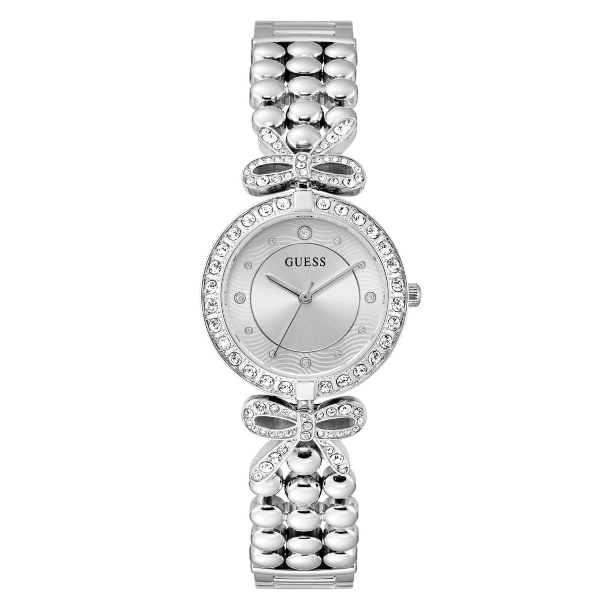 Silver Guess women's watch with round dial, crystal edge, and ribbon bead bracelet