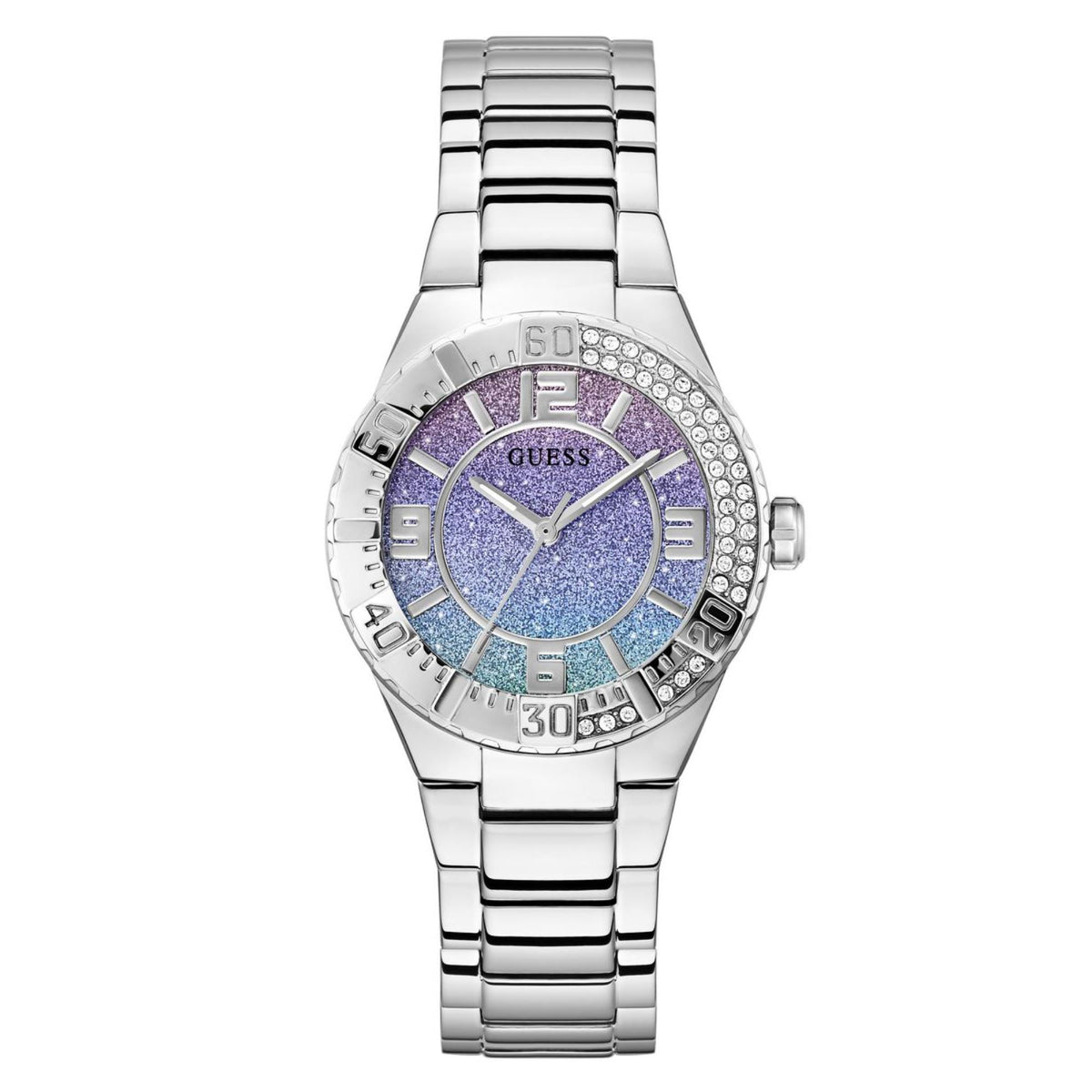 Women’s stainless steel wristwatch, multicolor purple-blue dial with crystal bezel