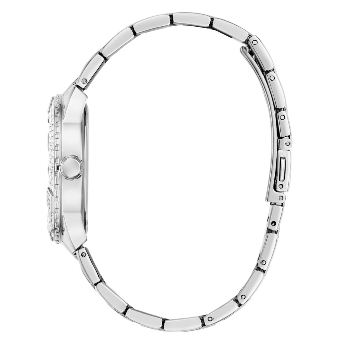 Women’s stainless steel wristwatch side profile, curved case and bracelet links visible