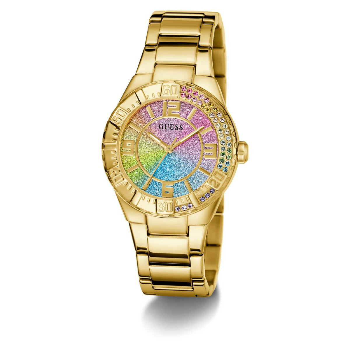 Gold-tone women's wristwatch angled with rainbow dial center, crystal bezel, and link bracelet