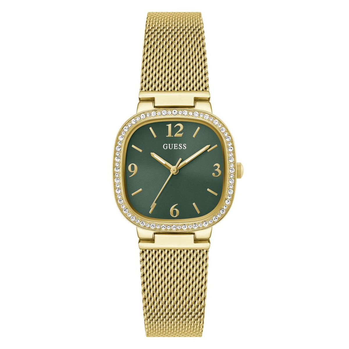 Gold rounded-square watch for women with green dial, crystal accents, and mesh band