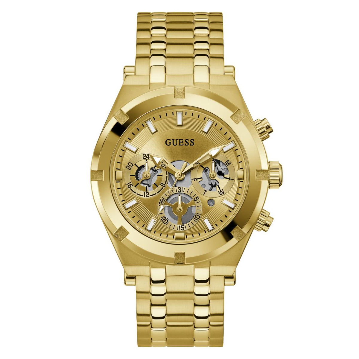 Men's gold-tone stainless steel watch front view, champagne dial with skeleton detail