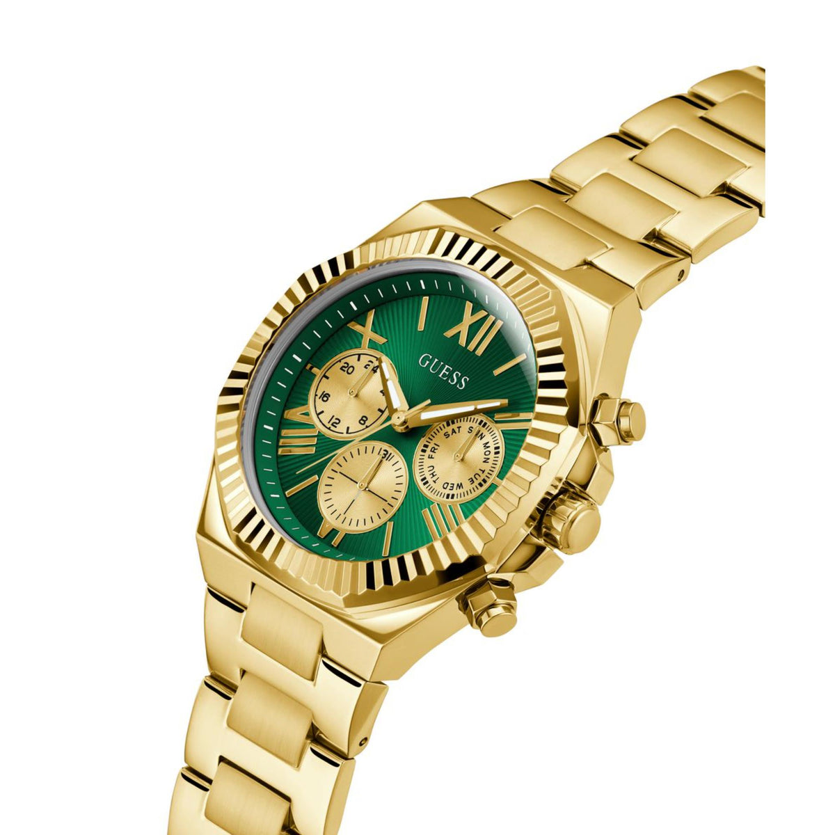 Men's gold-tone stainless steel watch with green dial, gold hands, and subdials