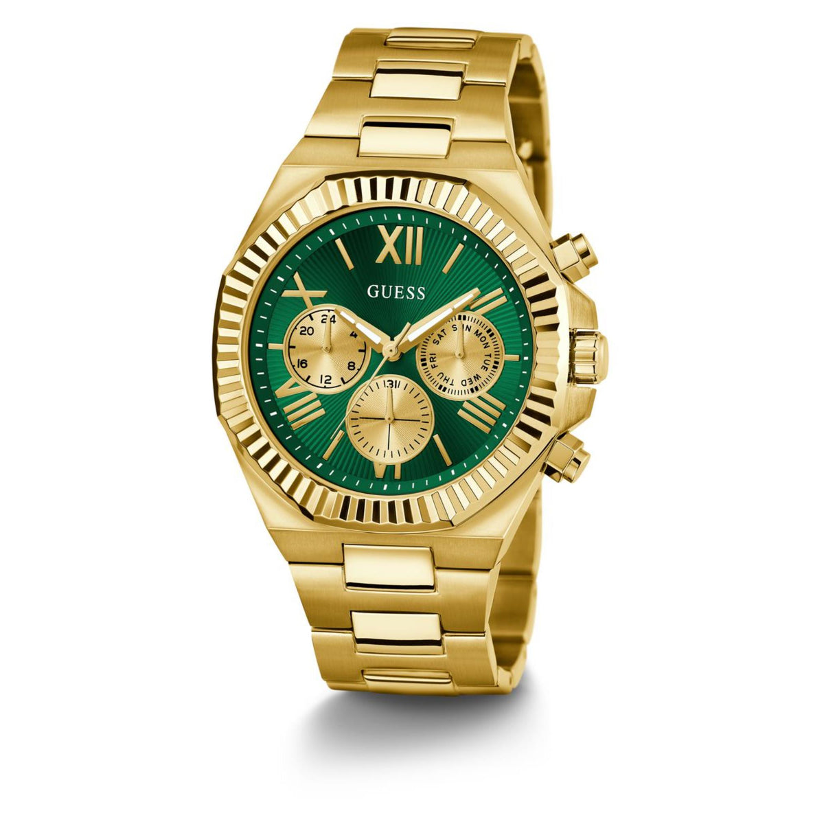 Men's gold-tone stainless steel watch with green chronograph dial and three subdials