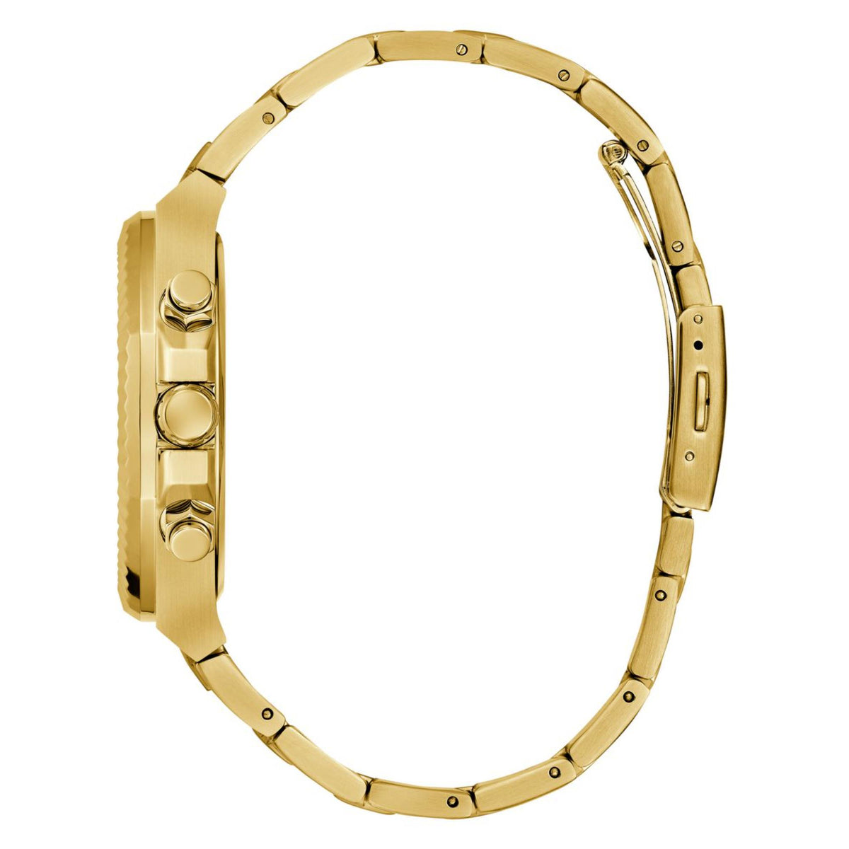 Men's gold-tone stainless steel watch case and bracelet, side profile with crown