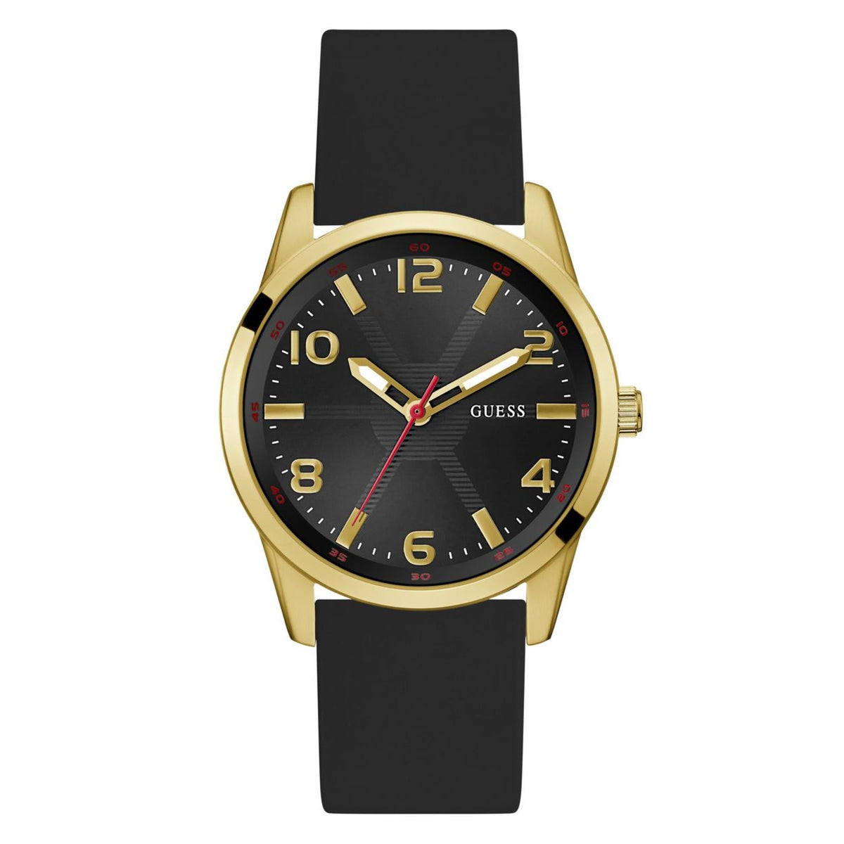 Men's black silicone strap watch with gold bezel and black dial, red second hand