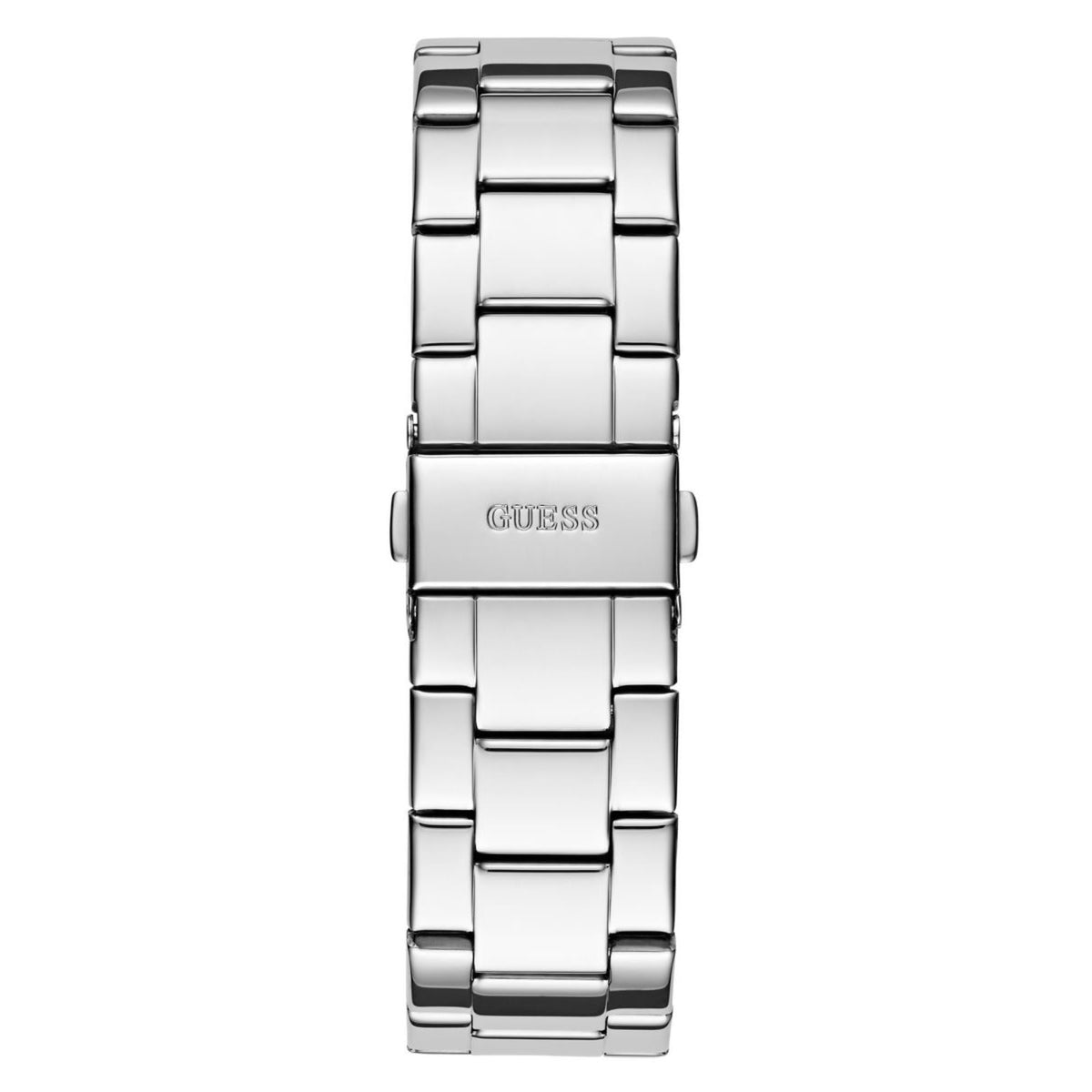 Silver stainless steel watch bracelet with rectangular case back and clasp