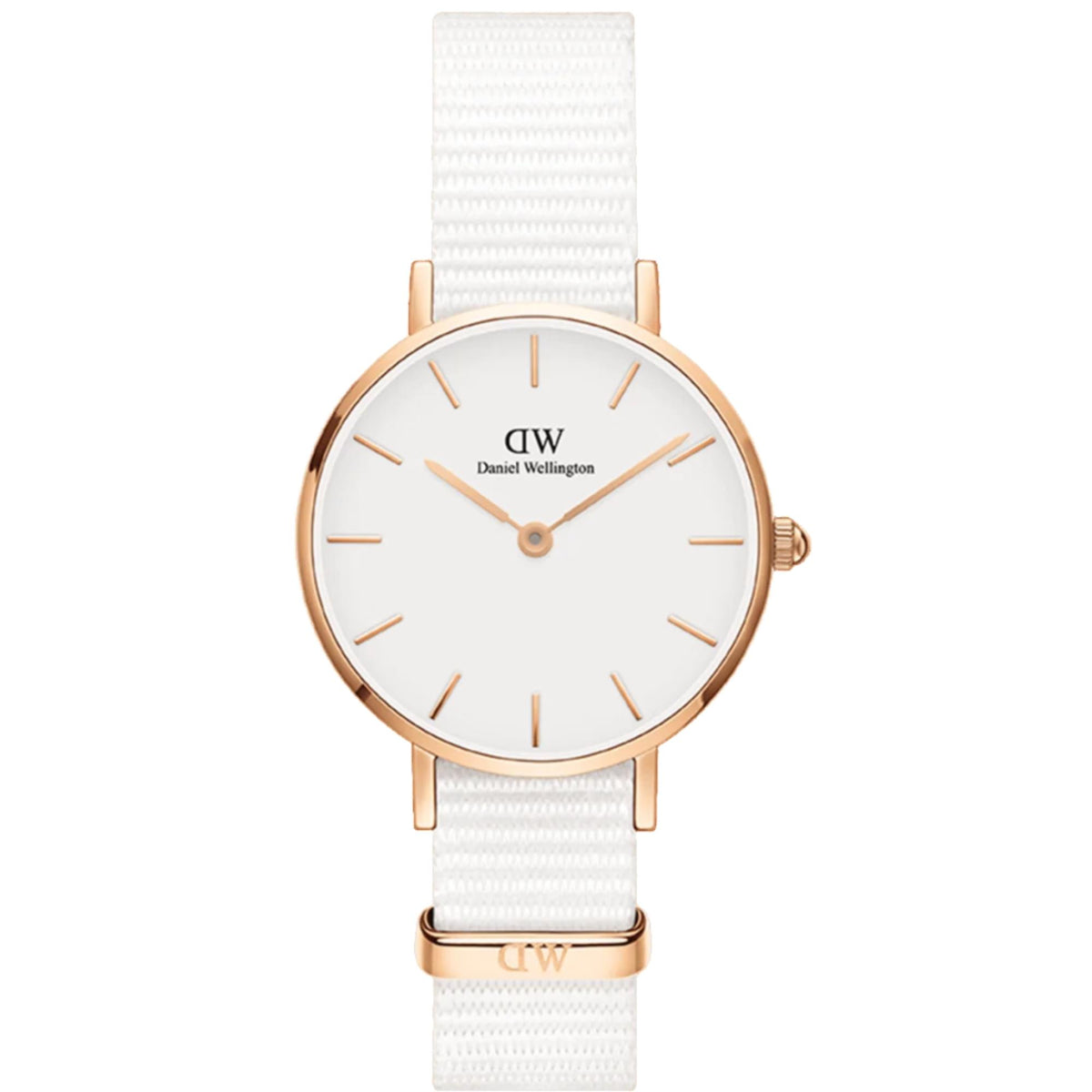 Petite rose-gold quartz wristwatch with white dial and textured white NATO strap