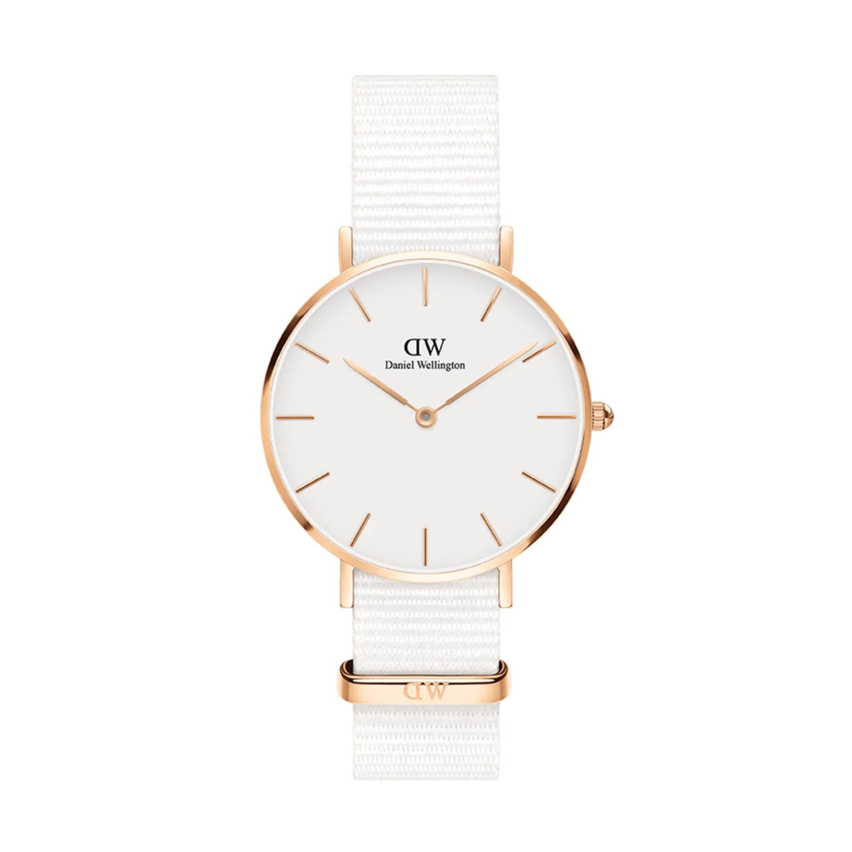 White dial quartz watch with Daniel Wellington mark, light gray NATO strap, rose-gold hands