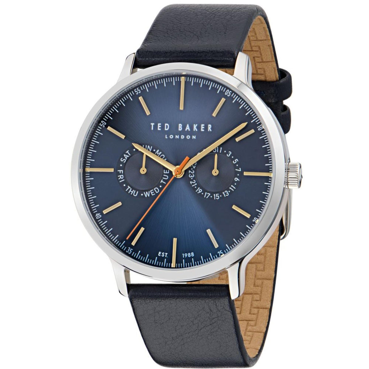 Men's leather strap watch with blue dial gradient, gold-tone indices and hands