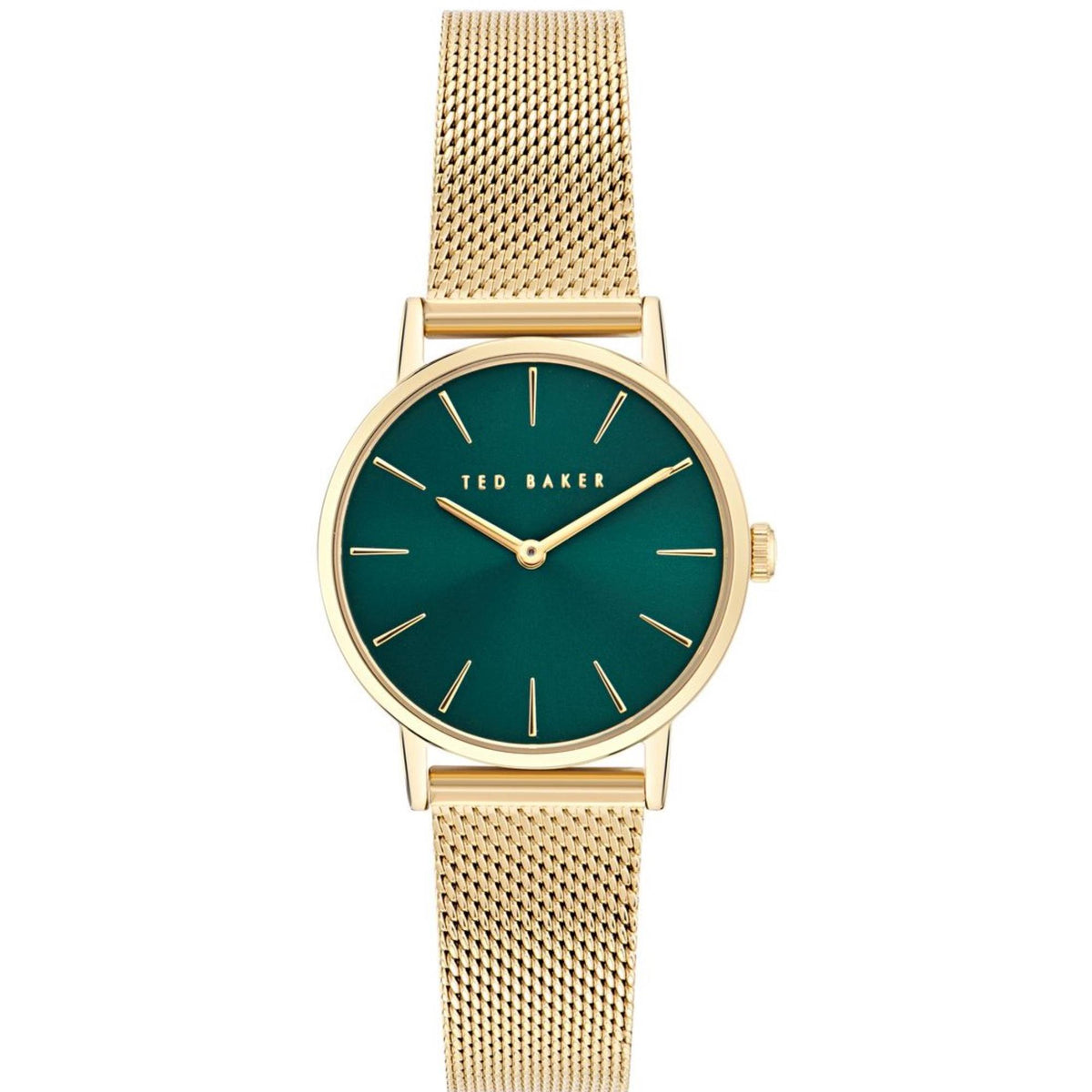 Ted Baker ladies wristwatch with green dial, gold-tone round bezel, mesh bracelet