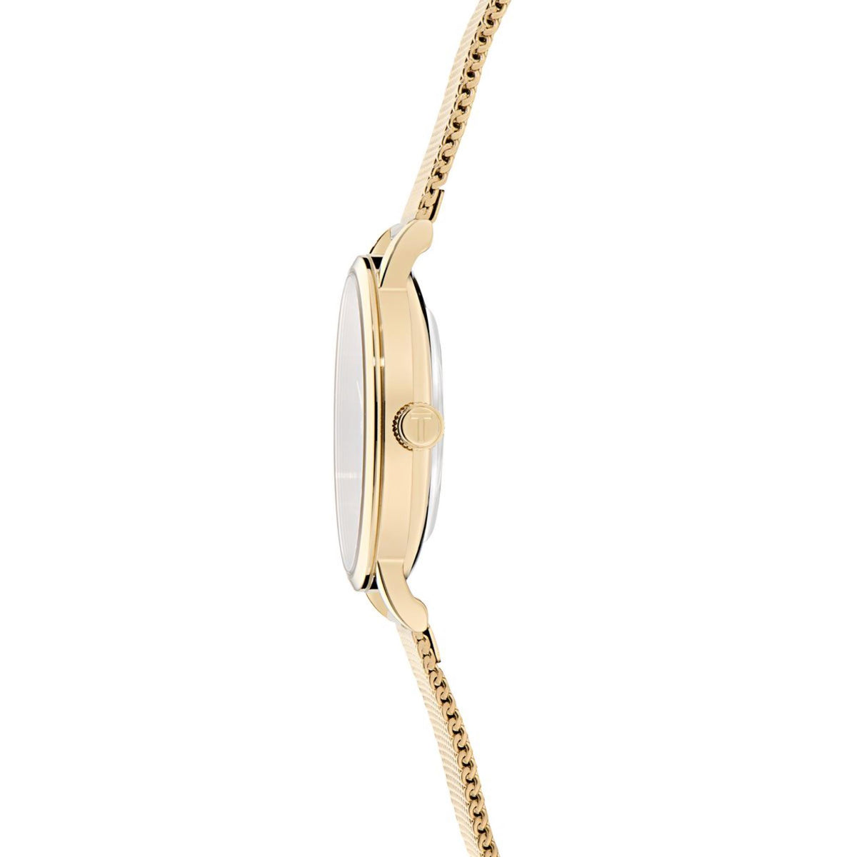 Ted Baker ladies watch profile with gold-tone round case and mesh strap