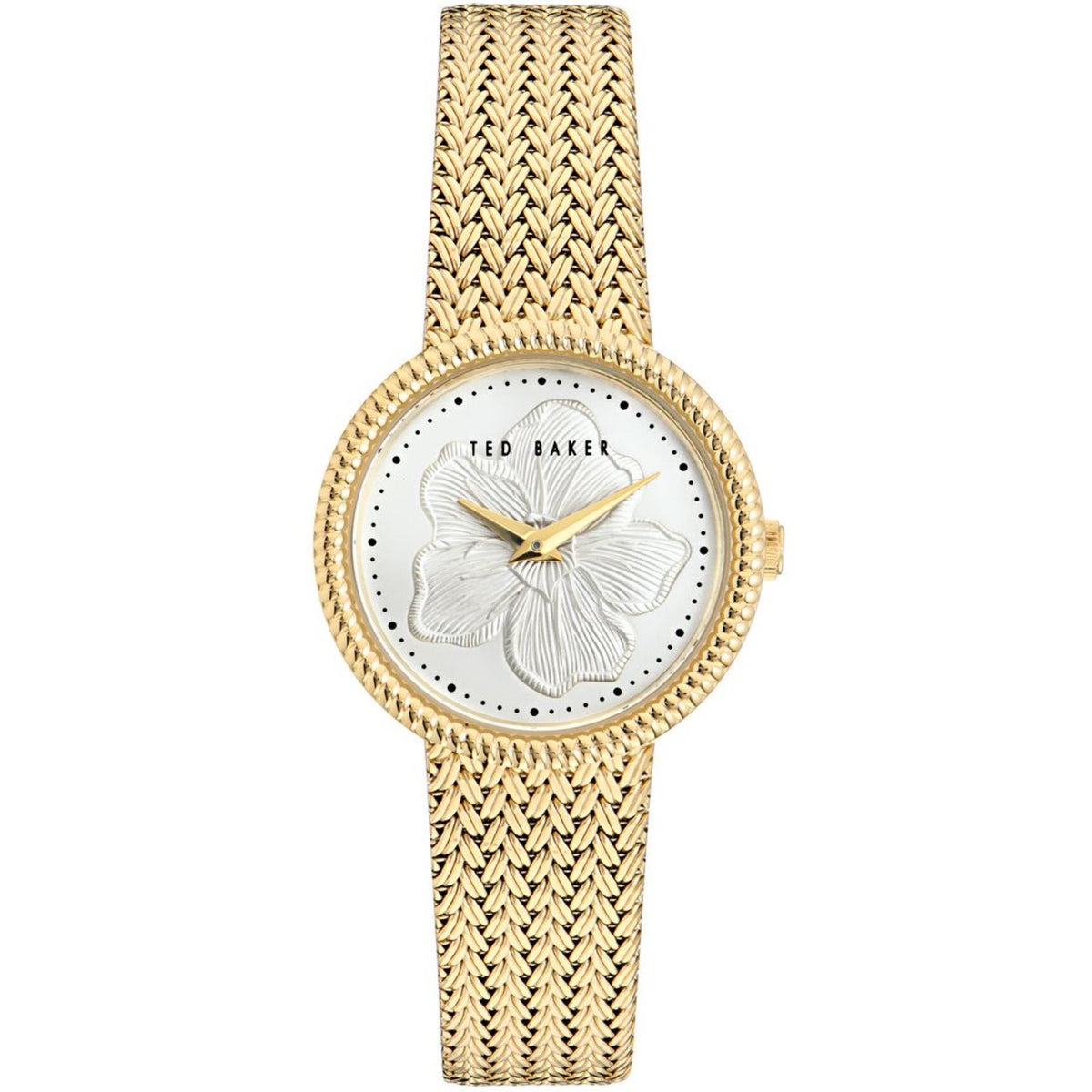 Ted Baker Emily ladies watch front view, white floral dial and gold-tone mesh strap
