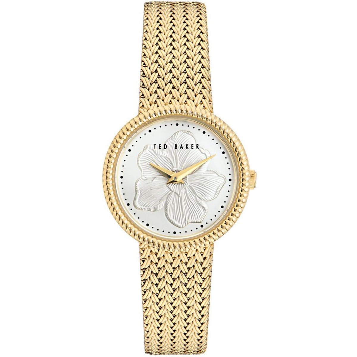 Ted Baker Emily ladies watch front view, white floral dial with gold-tone mesh strap