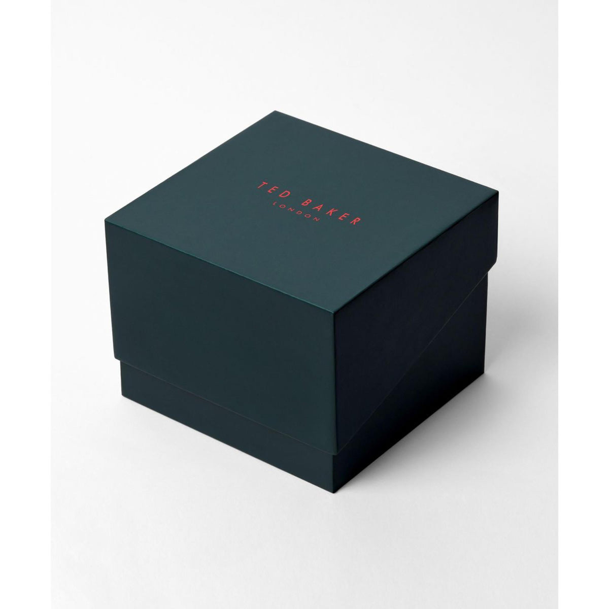 Dark teal Ted Baker watch box with lid and brand logo