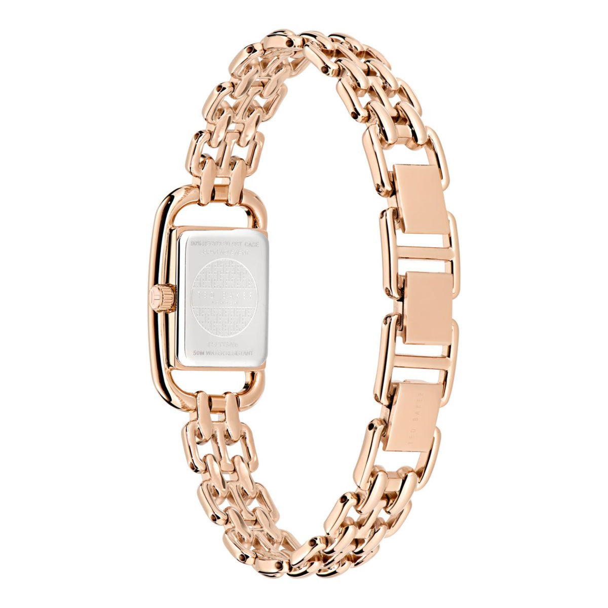 Rose gold-tone ladies wristwatch with linked bracelet and rectangular stainless-steel case
