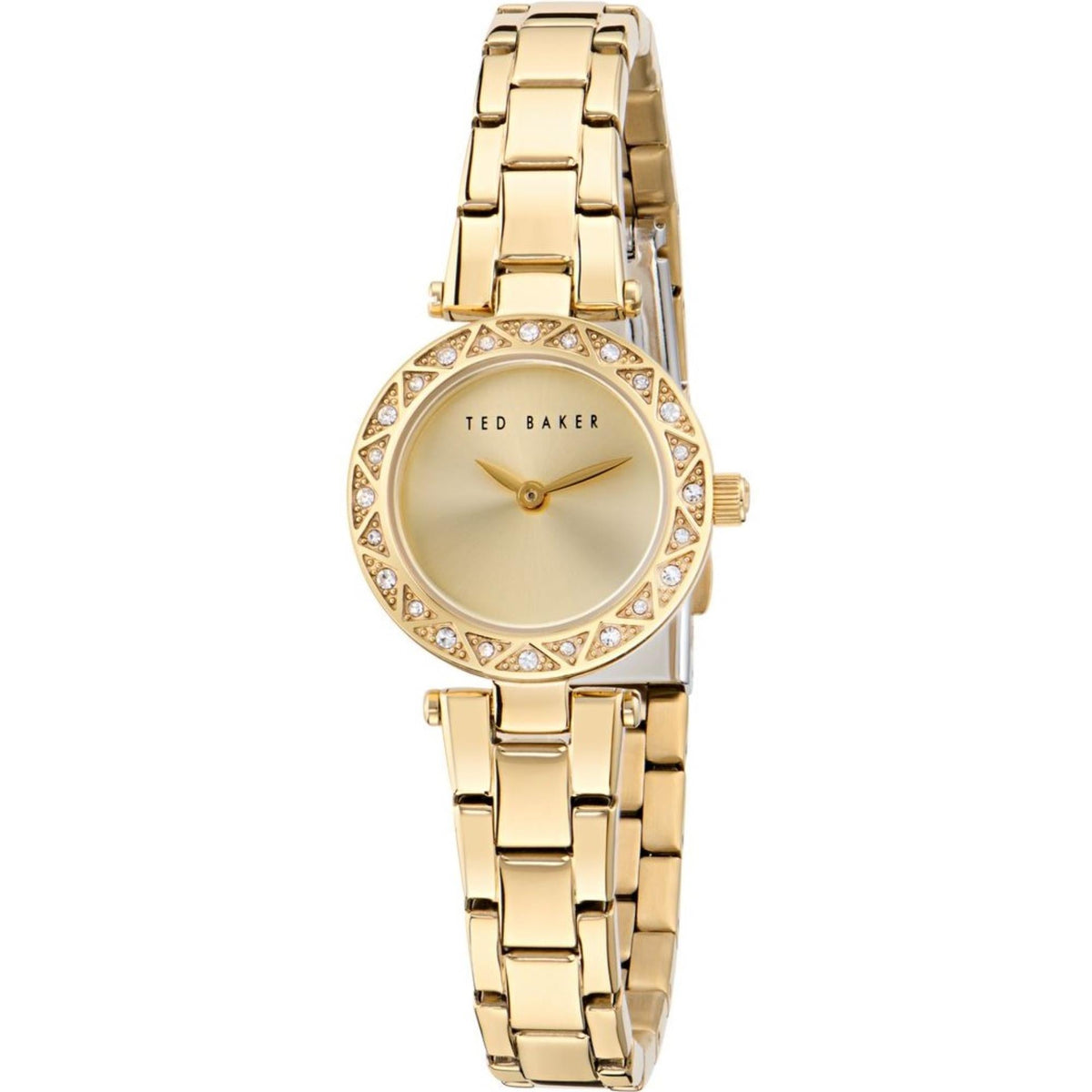 Gold-tone ladies watch with round cream dial, crystal-studded bezel and bracelet