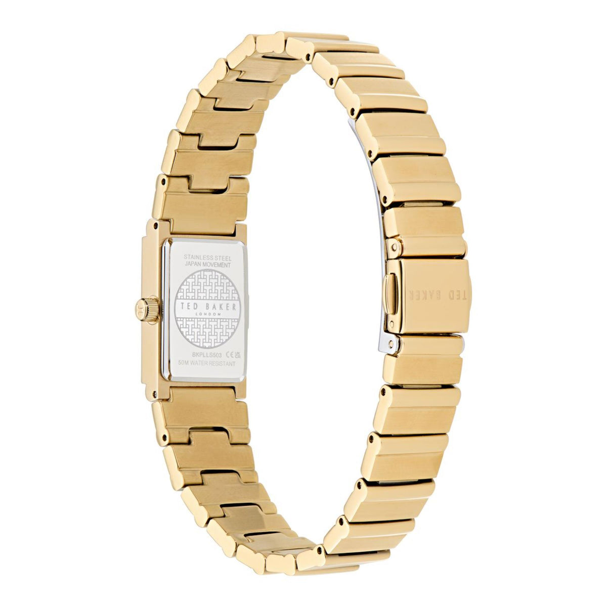 Gold-tone ladies watch caseback with engraved panel and metal link bracelet