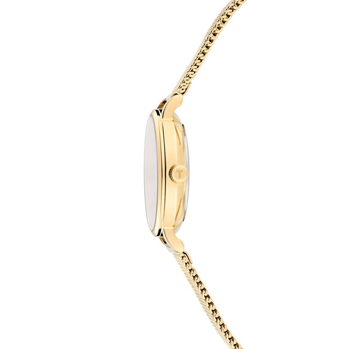 Gold-tone watch case profile with mesh strap links