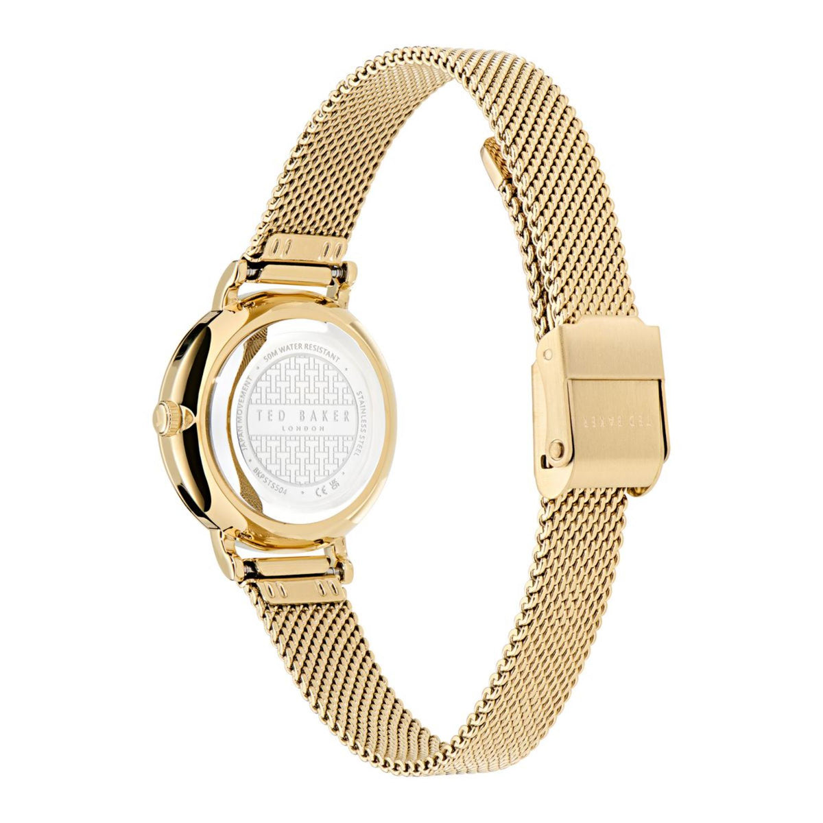 Gold-tone mesh bracelet watch showing round caseback and clasp closure