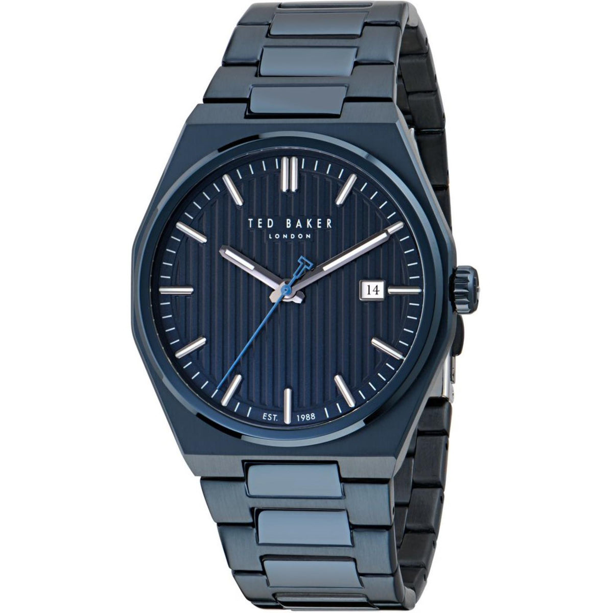 Round men's blue dial watch with stainless steel bracelet and date at 3 o'clock