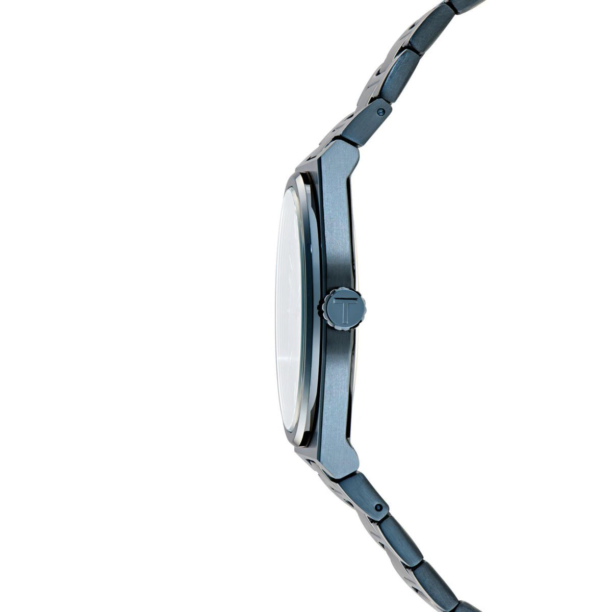 Men's watch profile view, blue-toned stainless steel links and round crown