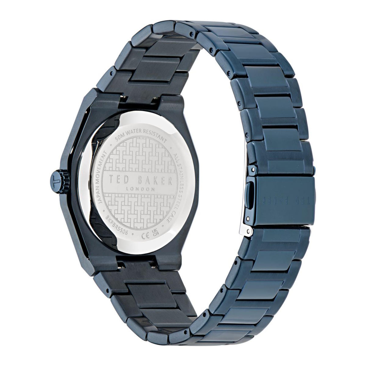 Men's stainless steel watch caseback view with blue links and engraved back