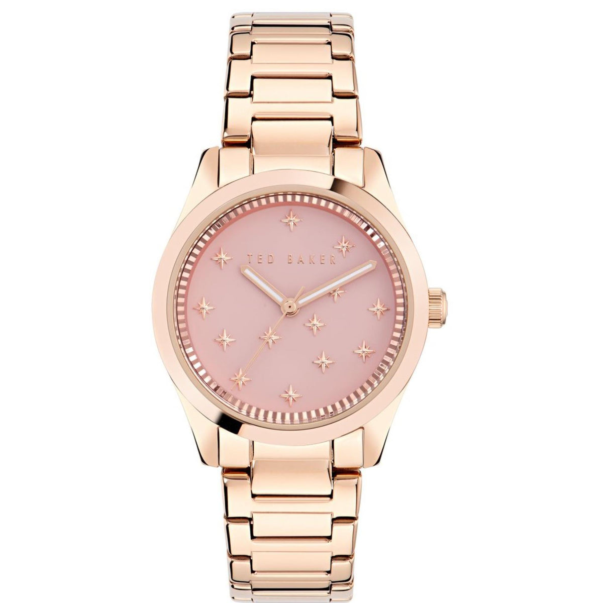 Round rose-gold tone ladies watch with blush pink dial and star hour markers