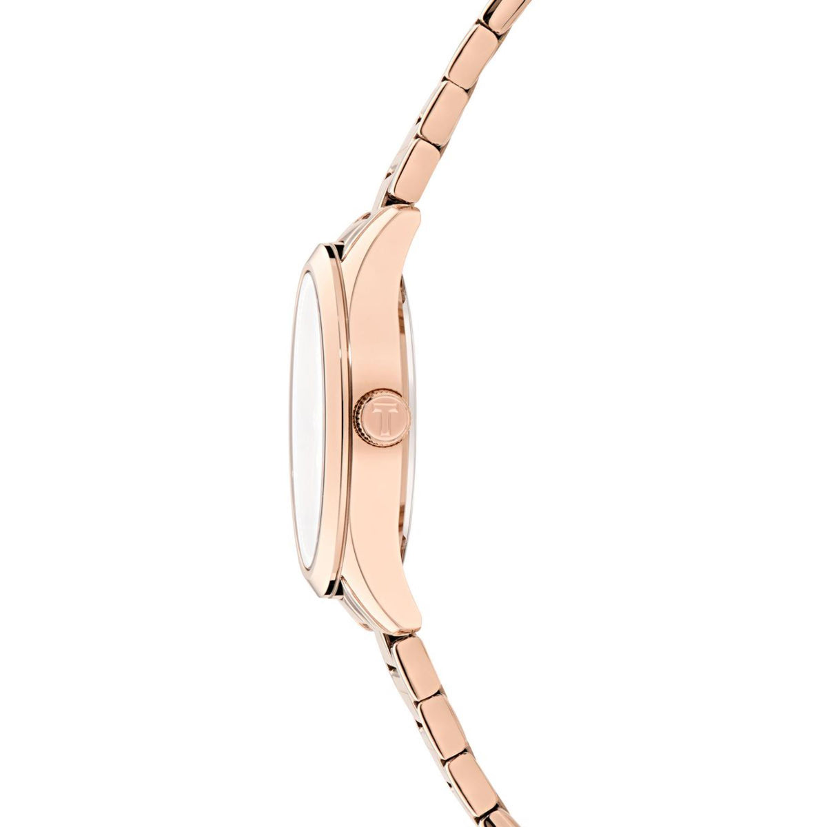 Rose-gold tone ladies watch profile view with metal link strap and watch crown
