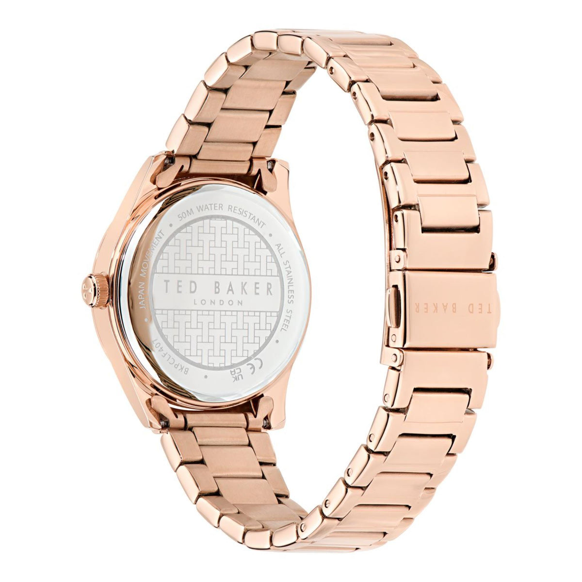 Rose-gold tone ladies watch with Ted Baker London caseback and link bracelet