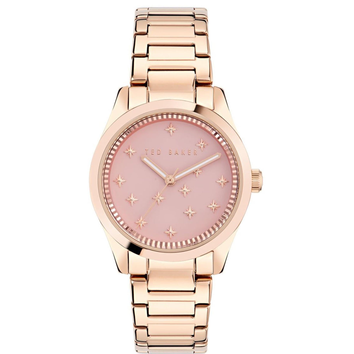 Ladies rose-gold tone watch featuring pink dial, gold hands, and metal link strap