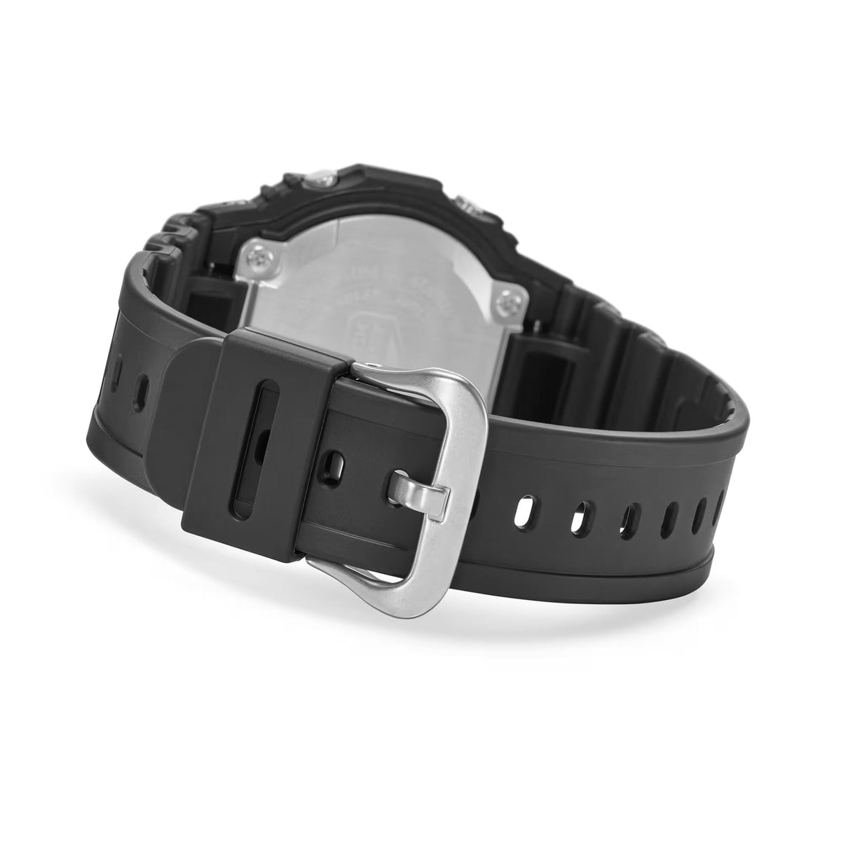 Black resin watch with silver buckle and perforated strap holes, side view