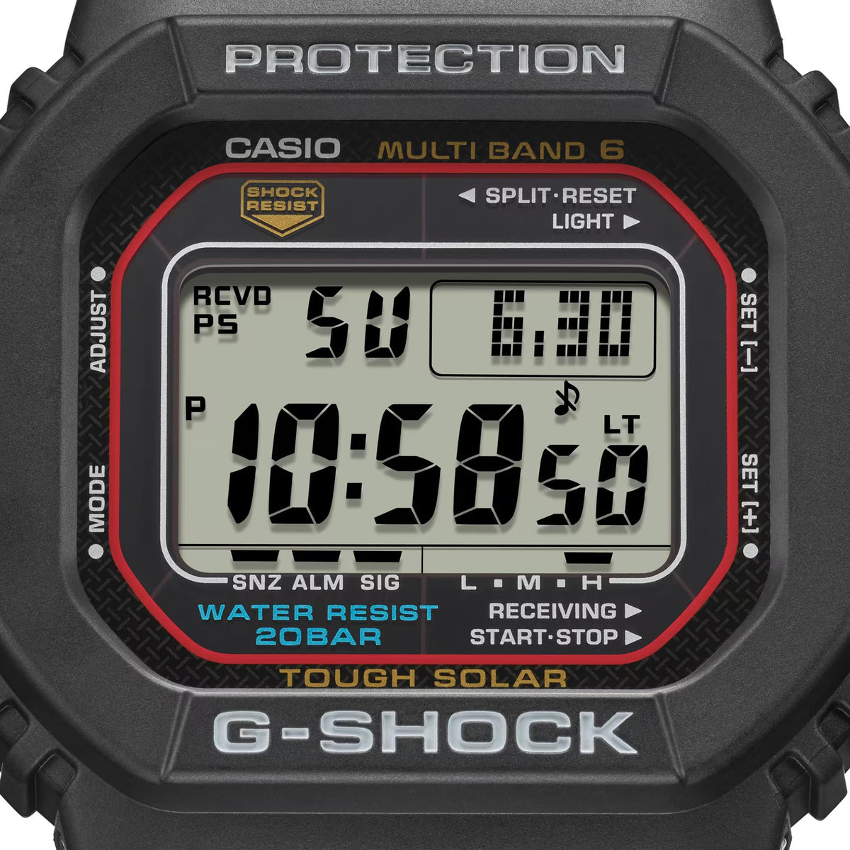 Front close-up of black digital watch face with large LCD time and Multi Band 6 labels