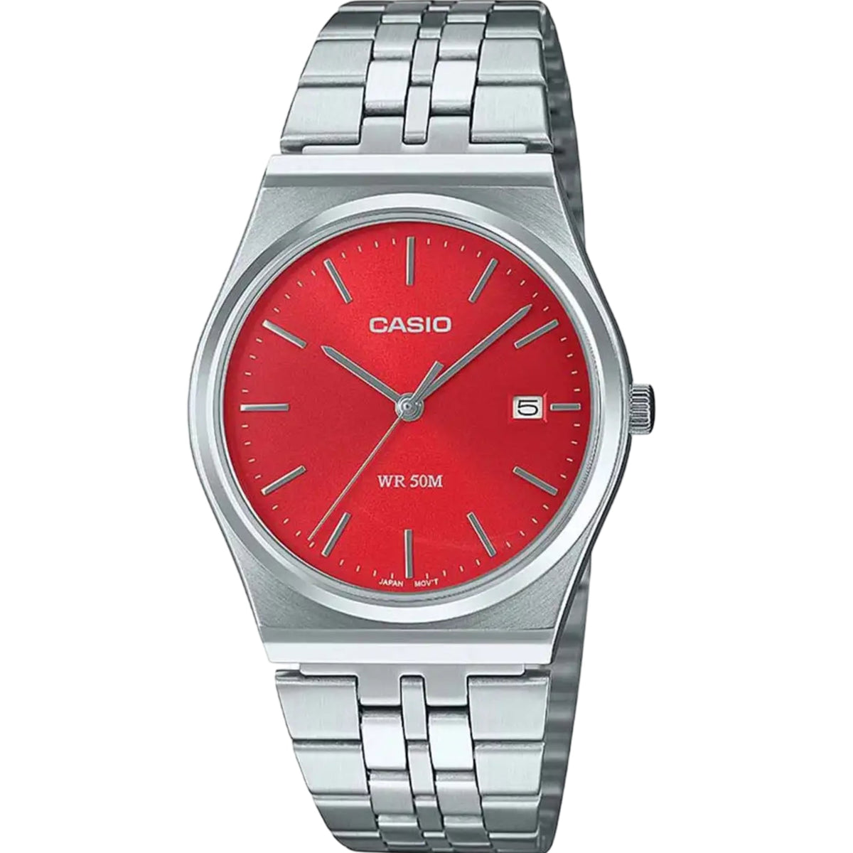 Front view men's stainless steel watch with red dial, link bracelet, date window, WR 50M