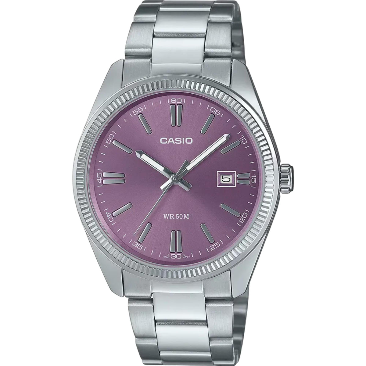 Casio analog watch with purple dial and silver stainless bracelet, round case