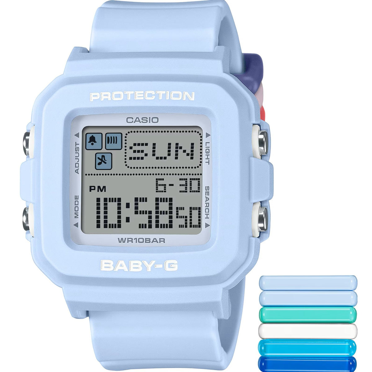 Light blue digital resin watch close-up, 'PROTECTION' text and 'SUN' LCD