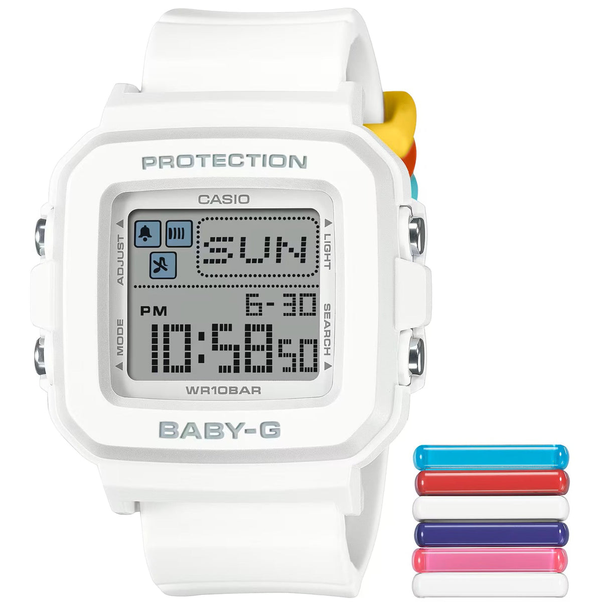 White resin strap digital Casio BABY-G watch with LCD screen and side buttons