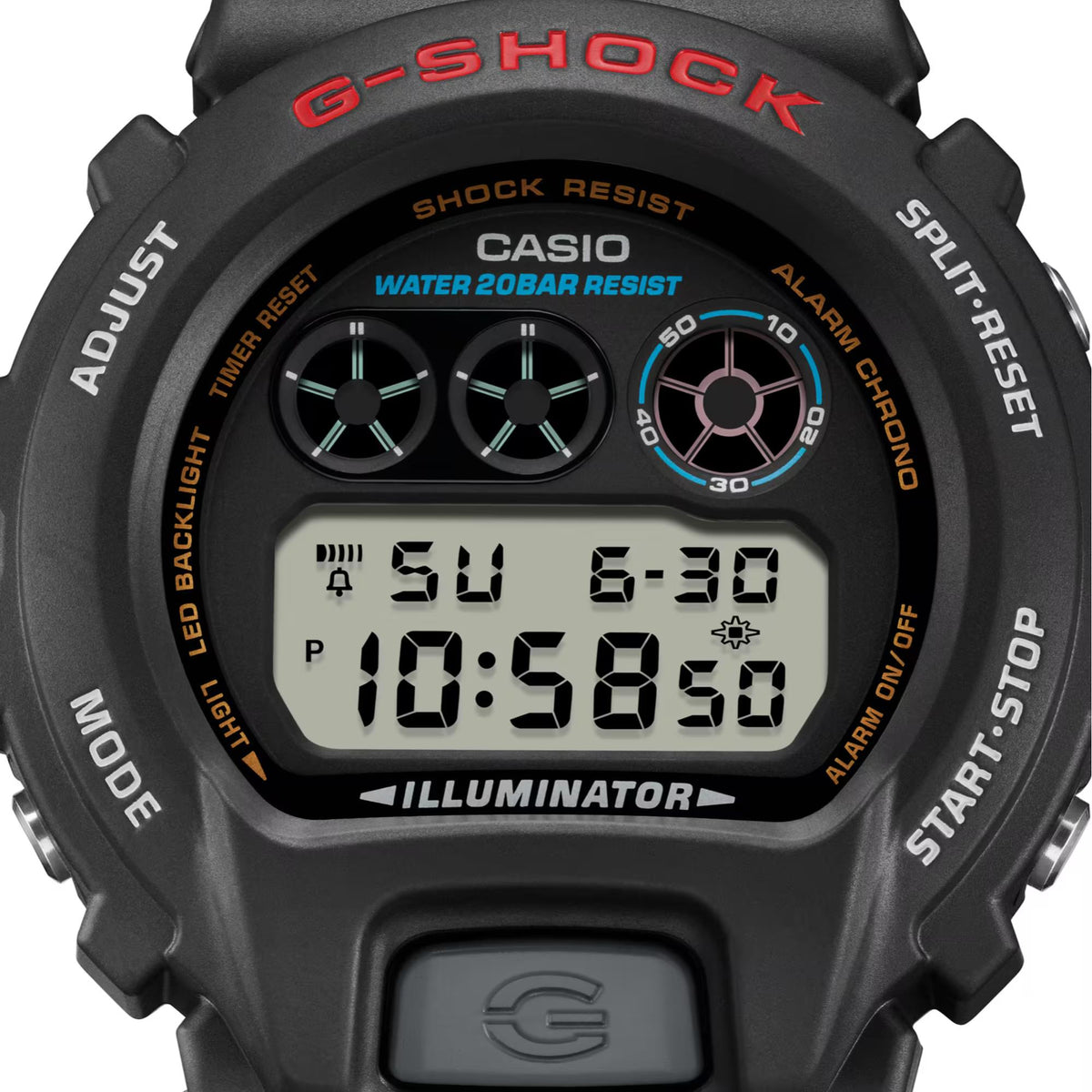 Men's black digital resin watch close-up showing LCD numbers and round sub-dials