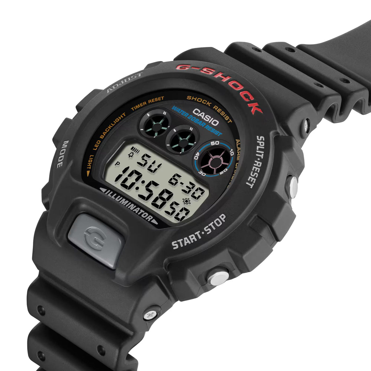 Men's black digital resin watch angled view with buttons and illuminated LCD-style display
