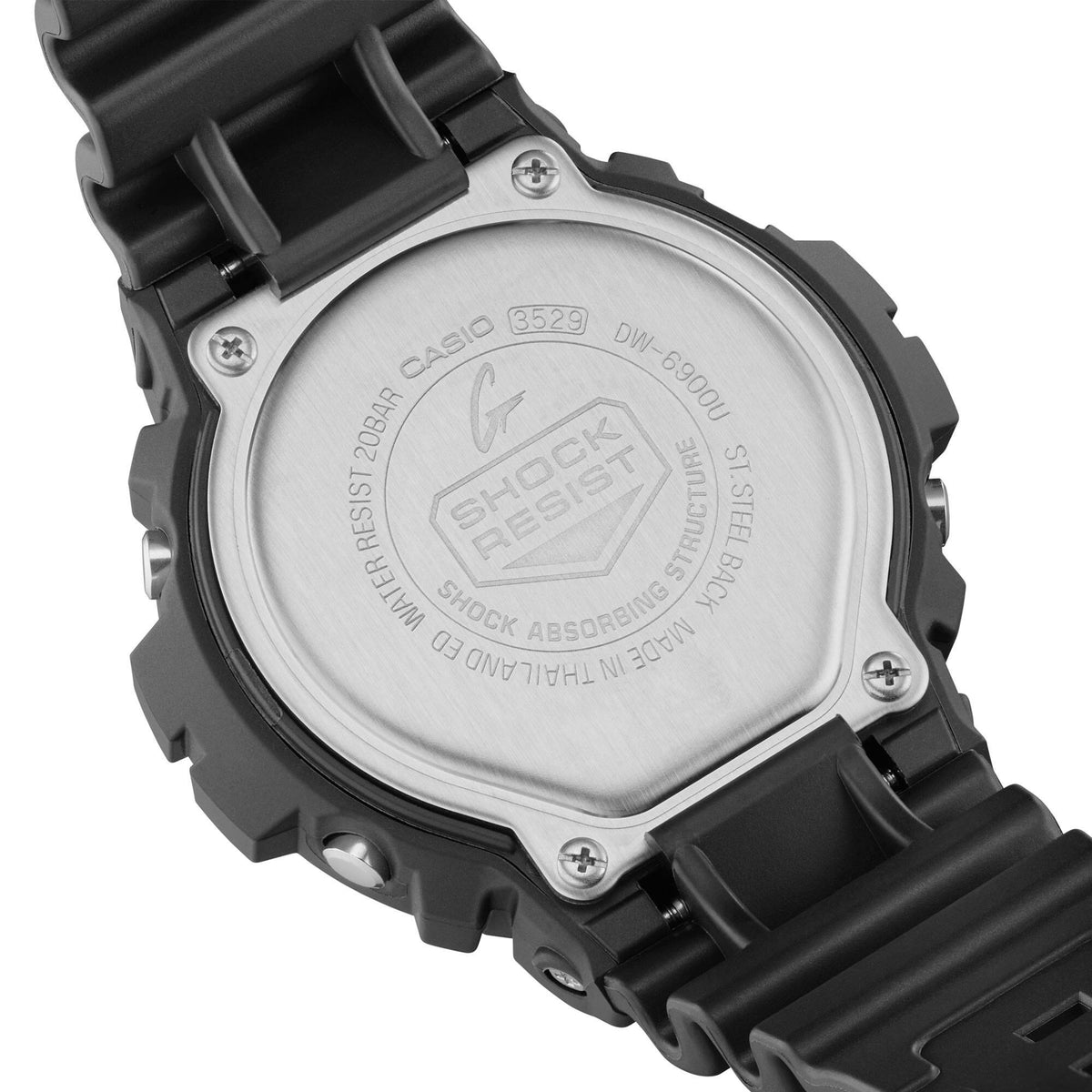 Men's black resin digital watch back case with engraved markings and screws