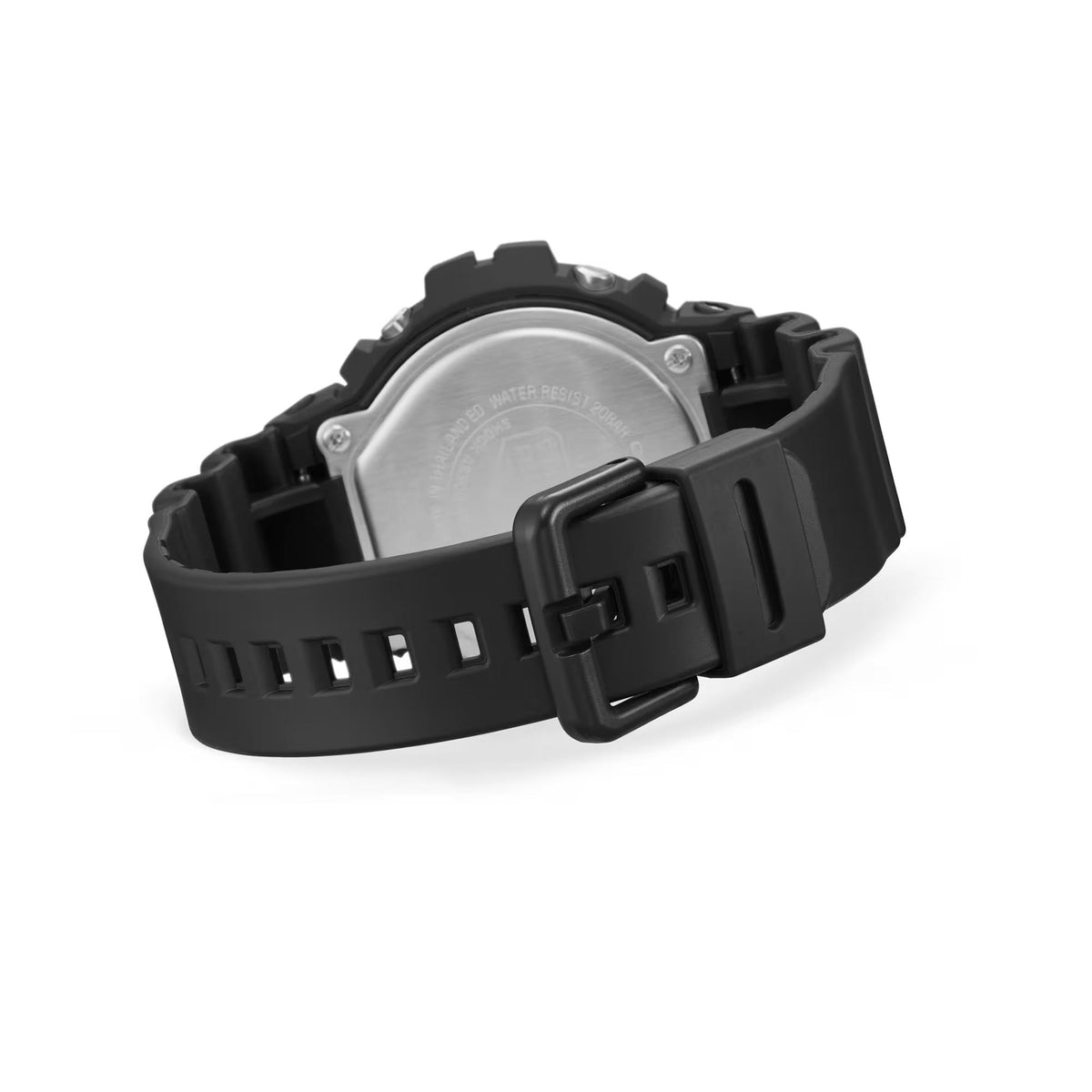 Men's black resin watch strap back view with buckle and adjustment holes