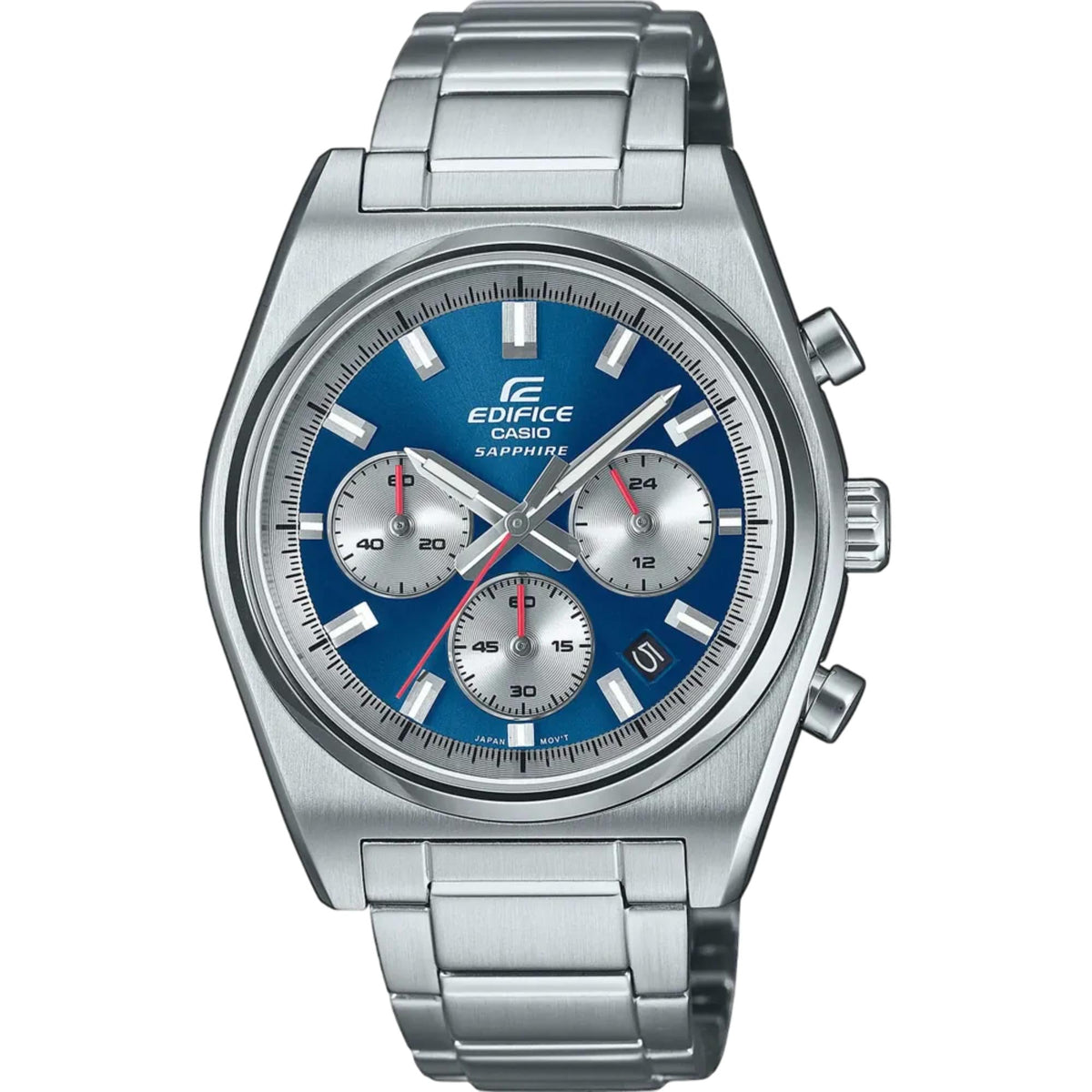 Stainless steel motorsport-style chronograph watch with blue sunray dial and metal bracelet